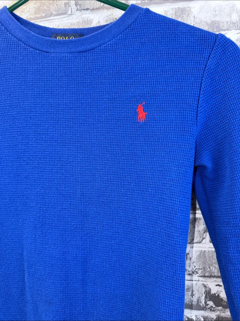 Polo by Ralph Lauren Boys' Cobalt Blue Long Sleeve Waffle Knit Tee with Red Pony